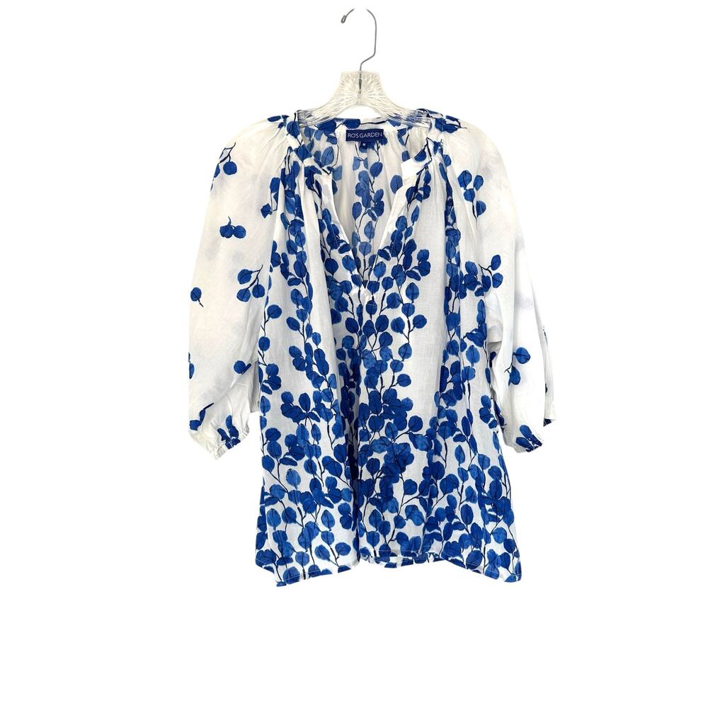 Ro's Garden Blouse Blue White Floral Print Classy Lagenlook Breathable Medium‎